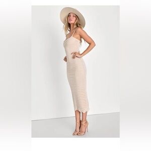Lulus Ventura Vision Beige Crochet Lace-up Midi Dress - Size XS